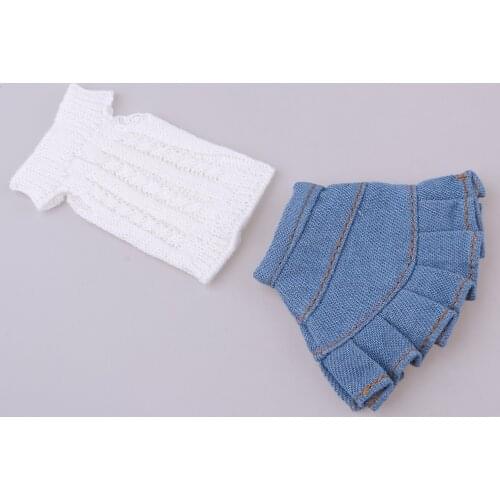 Stylish 2pcs Clothes Suit for 1/6 Blythe Licca OB Girl My Life Dolls Knit Sweater Denim Skirt White & Blue