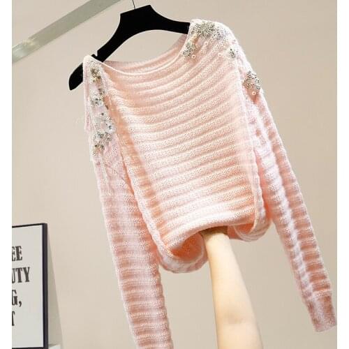 Sequin Sweater Beaded Diamond Off-Shoulder Fashion All-match Knitted Sweater Women Fall Fashion Sweaters Winter Knit Pullovers