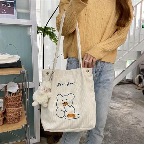 W&G Corduroy Embroidery Womens Shoulder Bag Casual College Style Messenger Bag Large Capacity Design Shopping Bag