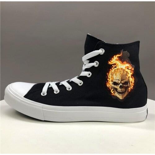 Wen Original Design Skeleton Skull Burning Flame Canvas Shoes Black Mens Womens Skateboarding Sneakers High Top Sport Footwear