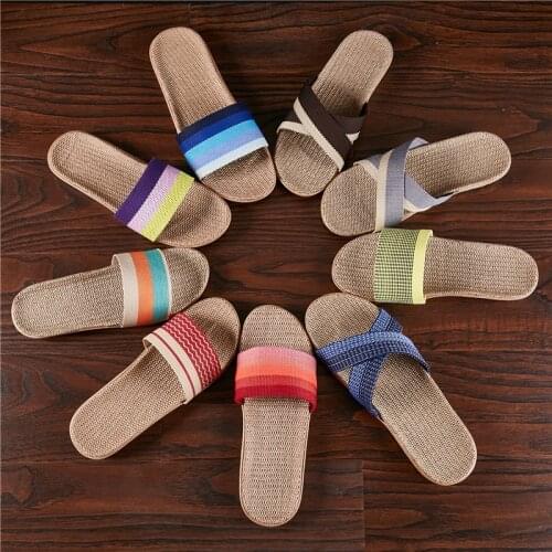 VOTODA Girls Natural Linen Slippers Colorful Striped Home Slides Couple Indoor Floor Flax Flip Flops Healthy Soft Flat Sandals