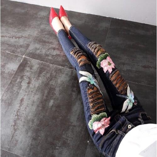 Womens Korean Fashion vintage ripped hole flower embroidery Jeans Female Sexy Jeans Plus Size slim denim long pants TB512