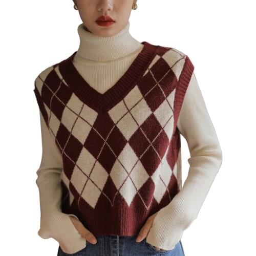Women Color Block Vest, Adults Sleeveless Argyle Pattern V-neck Plaid Knit Sweater Spring Autumn