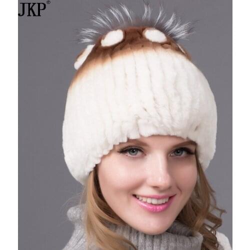 Winter fur hats for women rex rabbit fur hat silver fox fur with lining pom pom knit beanies With lining Russian fur cap THY-05