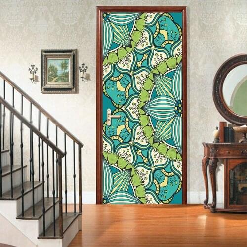 2pcs/set Green Mandala Pattern Art Mural Doors Sticker Bedroom Home Decor Wall Stickers Peel & Stick Removable PVC Wallpaper