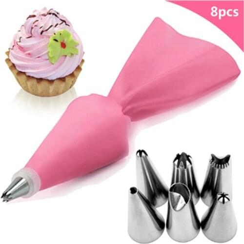 8pcs/set Silicone Pastry Bag Tips Icing Piping Nozzle Cream Reusable Pastry Bags+6pcs Nozzle Fondant Molds Cake Decorating Tools