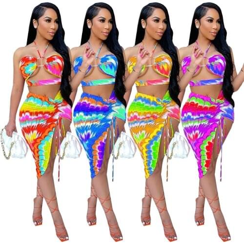 Adogirl Sexy 2 Piece Set Outfits Women Summer Beachwear Tie Dye Bandage Crop Top + Drawstring Skirts Party Club Matching Sets