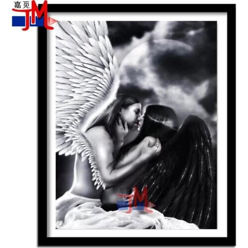 Diamond Painting Full Round Square White And Black Angel Portrait Pictures Rhinestones Diamond Embroidery Couple Kiss Mosaic Kit