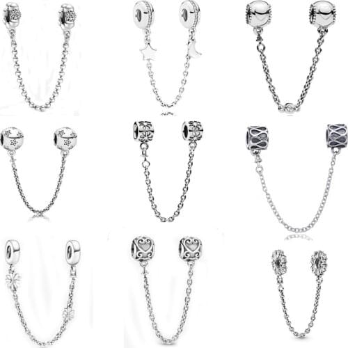 Free Shipping 925 Sterling Silver Daisy Flower Ornate Hearts Safety Chains Charms Fit Original Pandora Bracelet For Women Gift