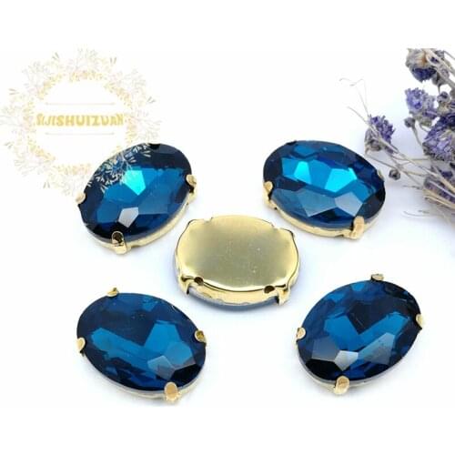 Free shipping!Peacock blue Crystal Glass Sew-on OVAL Rhinestones with gold Claw DIY wedding Dresses and Clothes
