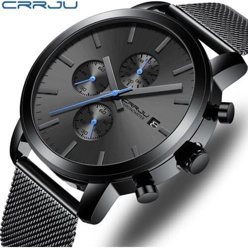 CRRJU 2287 Quartz Watch for Men Luxury Brand Black Fashion Sports Men Watches Waterproof Chronograph Male Clock