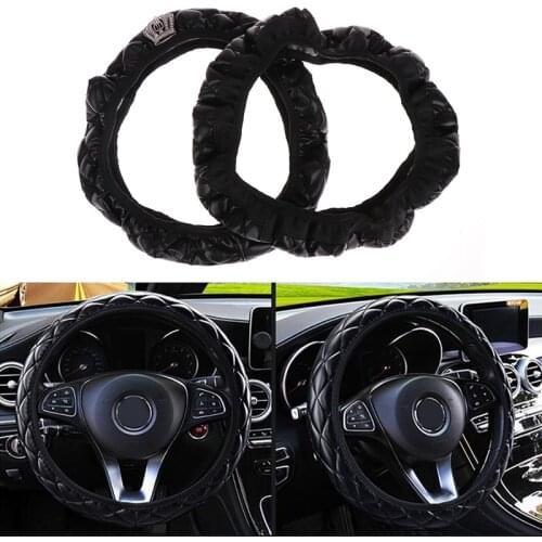Crystal Crown Auto Steering- wheel Cover PU Leather Car-styling Steering Wheel Cover 37-38CM Diameter Car Interior Accessories