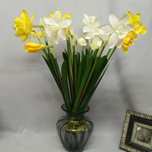 Htmeing artificial Daffodil Flowers With Leaf stem branches Fake Flower Wedding Home Party Office Decor Floral Art