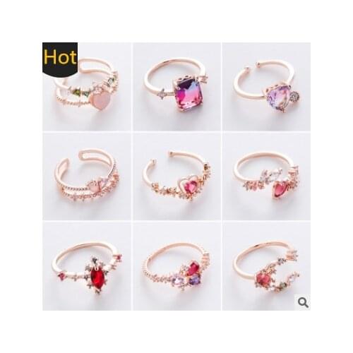 Korean version of the new variety of micro-inlaid crystal zircon ring sweet French elegant flower ring online celebrity fashion