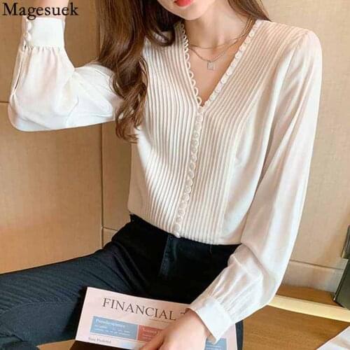 Fashion Pleated Women Blouses V-neck Elegant Button Up Shirt 2021 Autumn New Silk Long Sleeve Blouse Clothes Blusas Mujer 16106