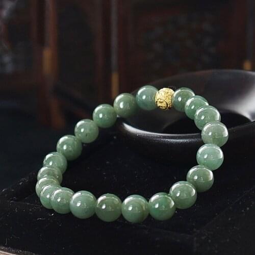 Natural Myanmar A jadeite cyan green jade bracelets round beads and gilded beads for women men beads bracelet with jade bracelet