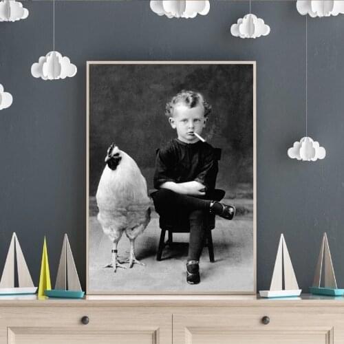 Weird Vintage Photography Poster Prints , Boy Smoking With His Chicken Pet Antique Portrait Art Canvas Painting Wall Art Decor