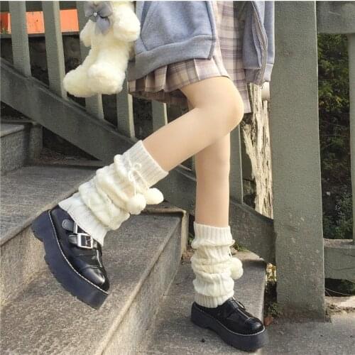 Autumn Winter Japanese Hot Girl Cute Hairball Knee Sleeve Warm Leg Cover Harajuku JK Handmade White Knitted Leg Warmer