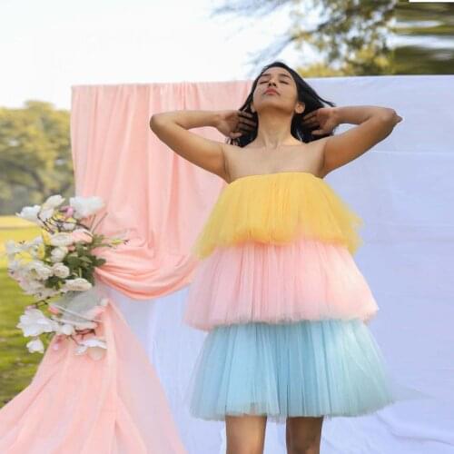 Simple Fashion Rainbow Mini Skirts Women Dresses For BLack Girls Cute Strapless Tulle Layered Ruffles Colourful A-line Dress