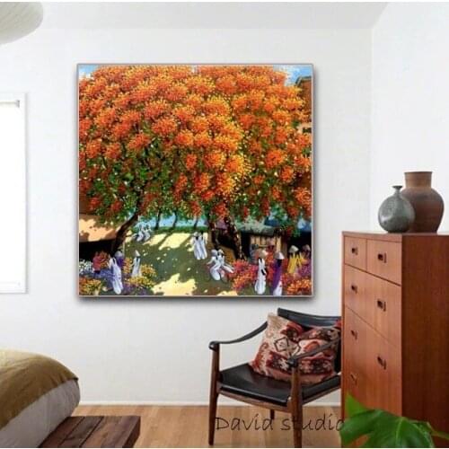 Hand Pained Knife Painting Abstract Art Blossom Season in Vietnamese Art for Living Room Wall Decoration