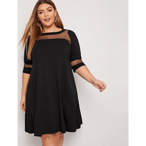 Mesh Stitching Midi Casual Dresses 2XL To 8XL Plus Size Dresses Sexy Midi A-line Casual Black Dress T1638