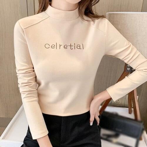Warm Womens Tshirts Half-High Collar Bottoming T Shirt Soft Autumn/Winter Long-Sleeved Tops Black Plus Cashmere 3XL