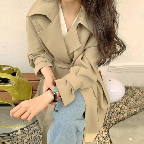 Vintage Khaki Trench Coat Plus Sashes Elegant Mid-length Women Coats Autumn Casual Loose Lapel Long Sleeve Female Windbreaker
