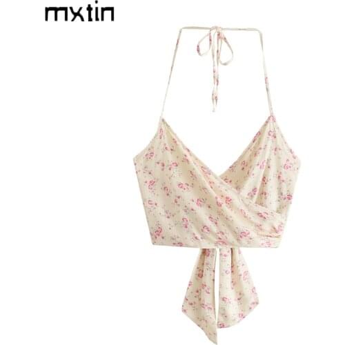 MXTIN 2021 Women Summer Fashion Floral Print Bow Tie Straps Cropped Tank Tops Vintage V-Neck Backless Casual Camis Chic Tops