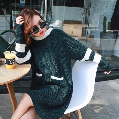 Long Fund Easy Stripe Woman Sweater Skirt Student 2019 And Winter New Pattern Korean Fashion Joker Unlined Upper Garment