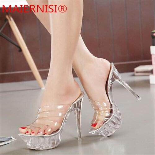 Women Sandals 14 CM Silver thin heel Transparent Crystal Platform Woman Shoes Sexy Party High Heels Shoes Plus Size