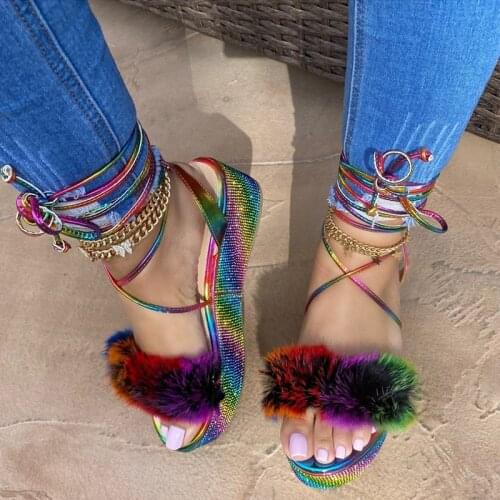 2021 Women Gladiator Sandals Woman Mix Color Fur Flat Platform Ladies Crystal Ankle Wrap Shoes Female Summer Footwear Plus Size