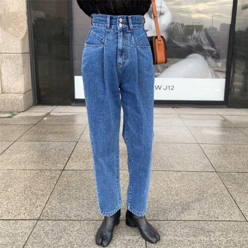 2021 New Spring Autumn Vintage Harem Womens Jeans Pants High Waist Denim Trousers Streetwear Button Chic Pants Female Pockets