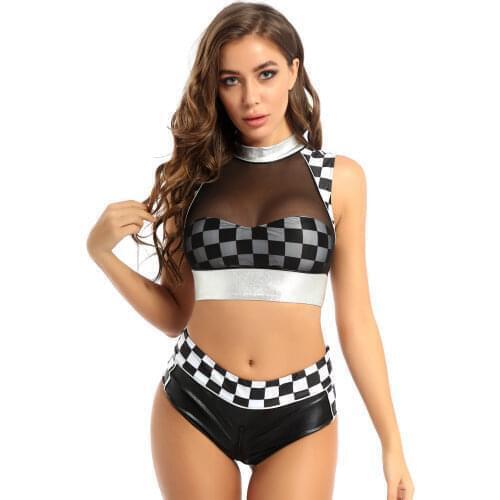 Womens Plaid Cheerleading Outfit Sexy Lingerie Cosplay Costume Sleeveless Mesh Tops Strapless Padded Bra with Leather Briefs