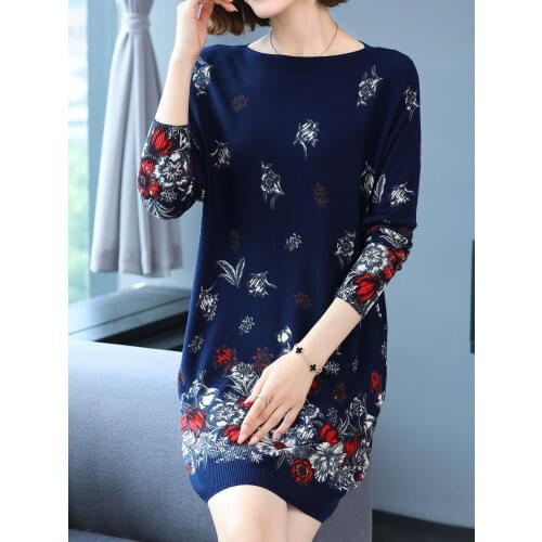 Print Long Sweaters Dress Autumn Casual Womens Clothing Long Sleeve Top Femme Pullover Plus Size Elasticity Sweater Women
