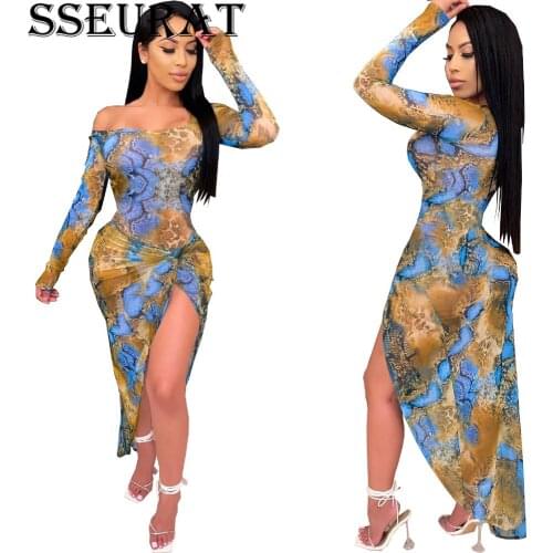SSEURAT Women Dress Print Long Sleeve Diagonal Collar Skinny Dress Autumn Sexy Club Dress