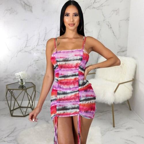 Sleeveless Print Split Hem Slip Dress Women Streetwear Ruched Patchwork Christmas Party Outfits Ladies Spaghetti Strap Dress