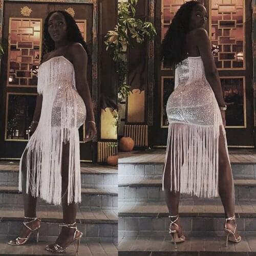 Women Sequined Luxury Celebrity Evening Party Dress Vestidos Sexy Spaghetti Straps Backless Tassel Fringe Midi Club Dresses Robe