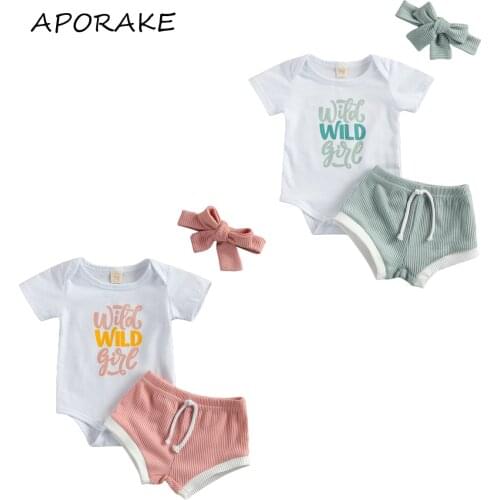 2021 0-18M Newborn Baby Girl Cute Clothing WILD GILR Letter Print Short Sleeve Romper +Knitted Solid Shorts Summer 3pcs
