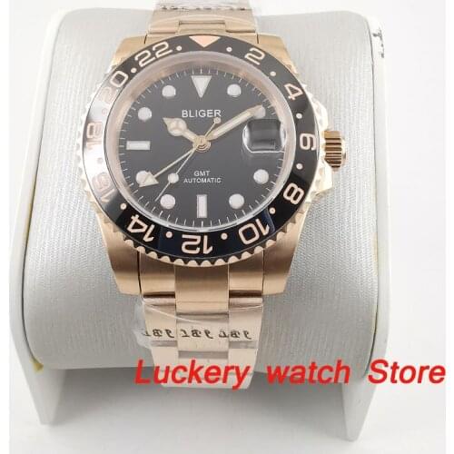40mm bliger GMT mens luxury watch rose golden case luminous saphire glass ceramics Bezel Automatic Mechanical watch BA229
