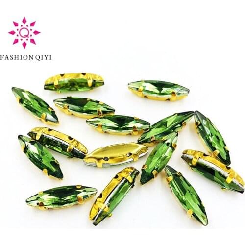 4x15mm Grass green Horse eye shape 50pcs/pack Glass Crystal Gold bottom sew on claw rhinestones with hole diy Sewing On Garment