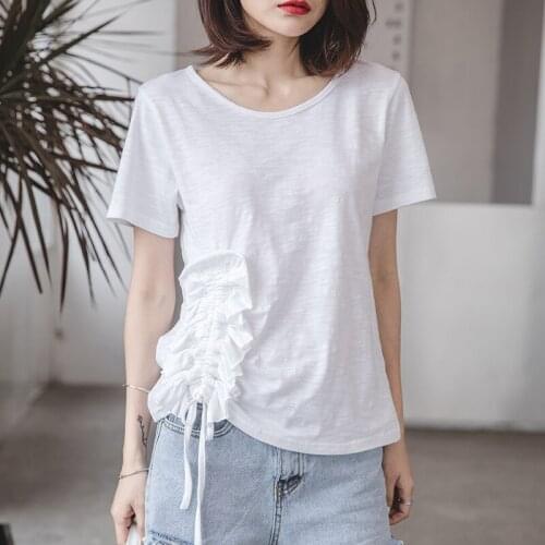 100% Cotton White Women T-shirts 2021 Summer New O-neck Drawstring Loose Casual Female Tops Tees Home Wear