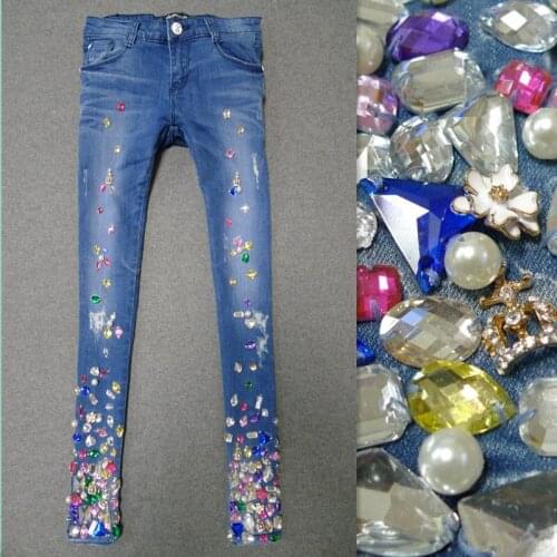 Spring autumn New Embroidered diamond Women Fashionable Hole Ripped Stretch Pencil Pants Diamond Casual Denim
