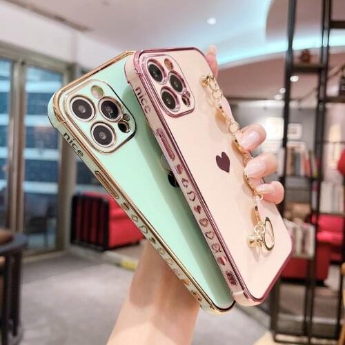 Frame Pattern Love Heart Bracelet Wrist Strap Cover for iPhone 7 8 Plus X Xs Max Xr iPhone 12 Mini 11 12 Pro Max Luxury Case