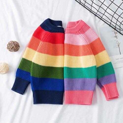 Children Rainbow Sweater Girls Autumn Knit Sweater Round Neck Pullover Sweater Fashion 1-8 Years Old Baby Boys Kids Winter Top