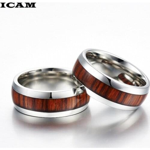 ICAM 316L Stainless Steel Finger Rings Durable Vintage Titanium Stainless Steel 8mm Ring Wood Grain Ring Jewelry for Men
