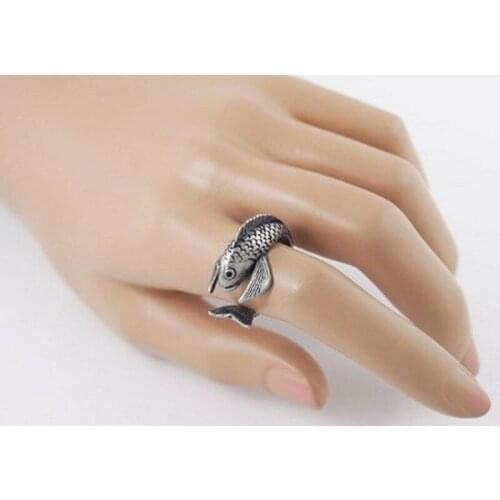 Retro Fish Ring Retro Burnished Animal Carp Ring Jewelry Adjustable Free Size Wrap Ring Black Crystal