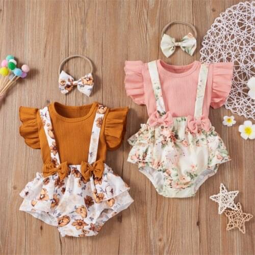 Summer Toddler Clothes Sets Newborn Baby Girls Knitted Fly Sleeve T-Shirts Tops Suspenders Shorts Headband 3pcs Outfits 2021 New