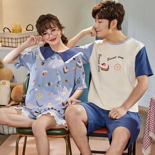 Lovers Summer Pajamas Couples Cotton Soft Sleepwear Cute Blue Cartoon Printing Women Pajamas Sets Men O-Neck Lounge Homewear