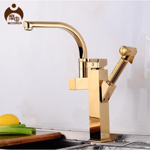 Copper spray gun can pull out rotary kitchen faucet gold hot and cold mixer washing basin sink faucet bidet set