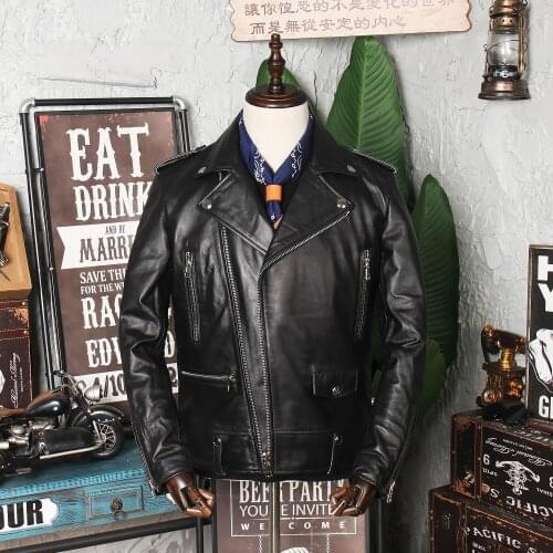 2021 New Mens Black Natural Genuine Sheepskin Motorcycle Leather Jacket Fashion Slim Short Diagonal Zipper Leather Jacket Coat